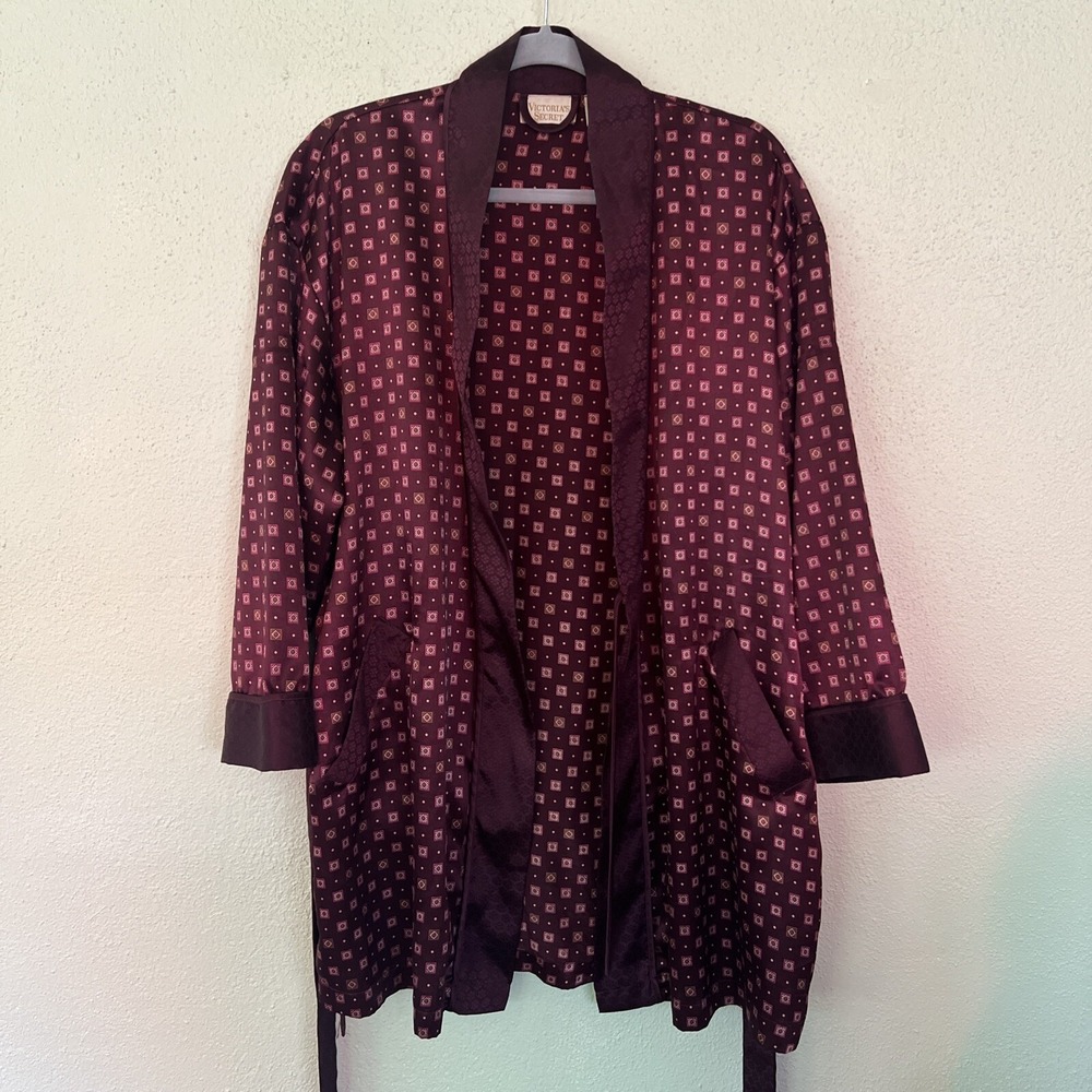 Victorias Secret Vintage Robe One Size Maroon Geometric Belted Loungewear